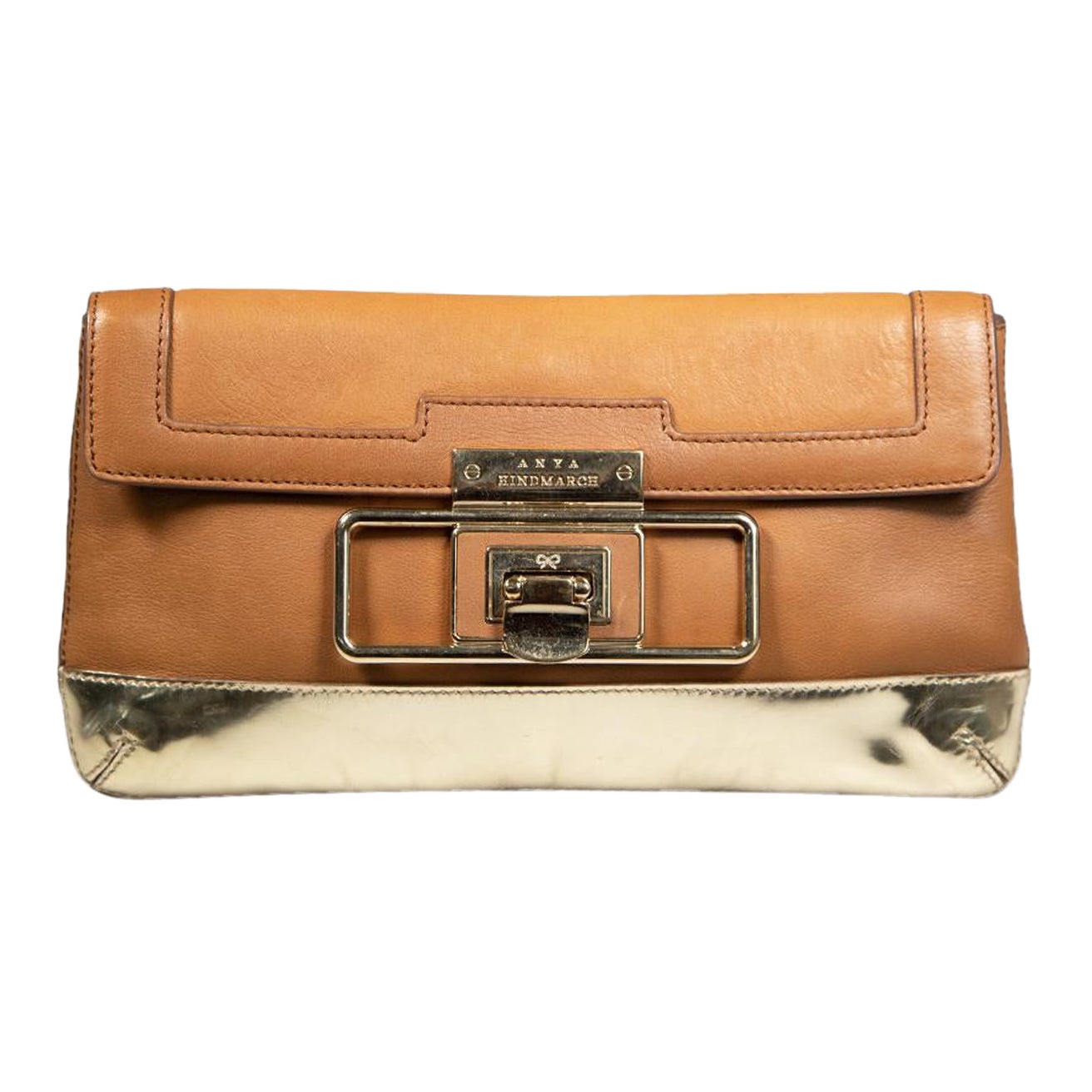 Anya Hindmarch Brown Leather Gold Hardware Clutch For Sale