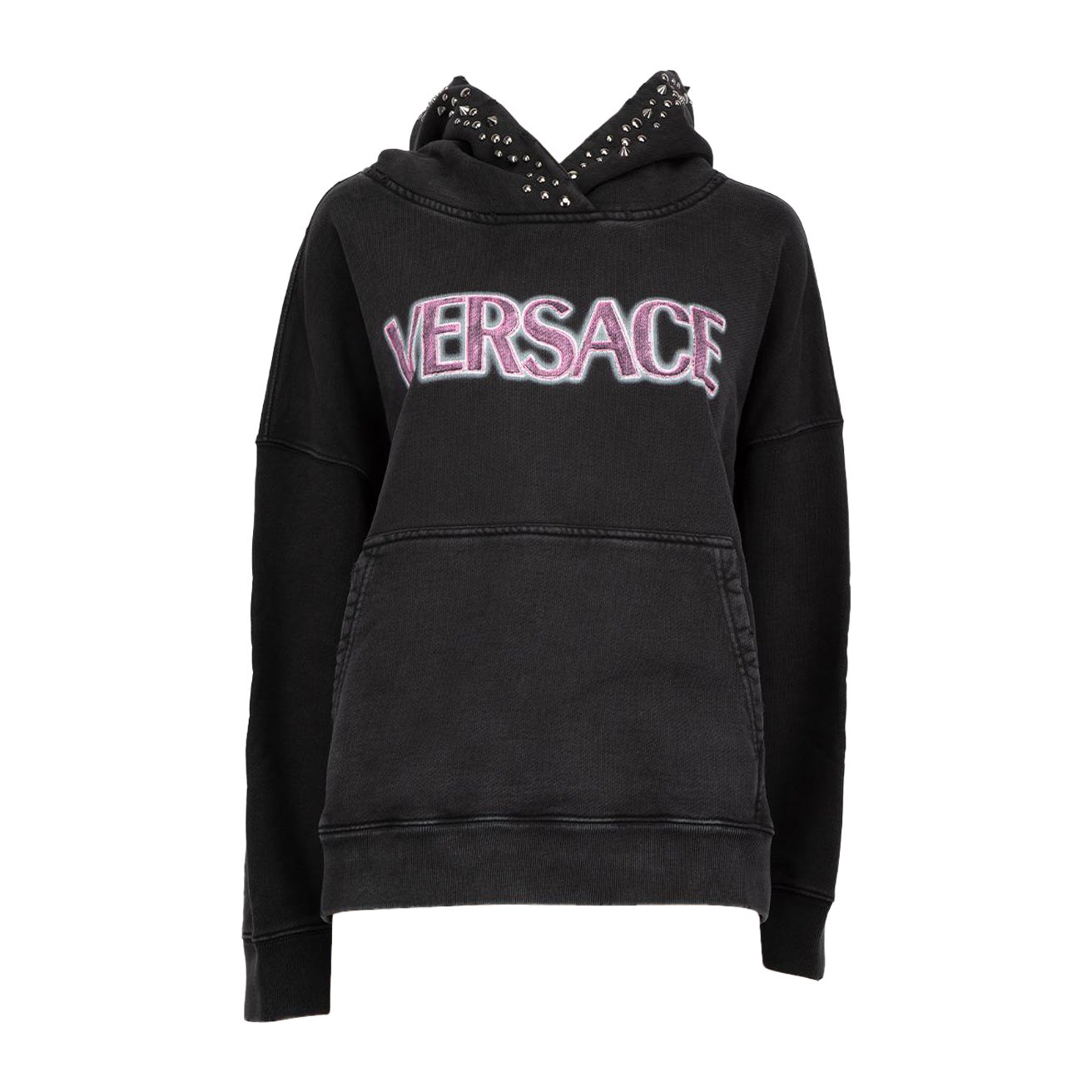 Versace Black Studded Vintage Wash Effect Logo Hoodie Size XS For Sale