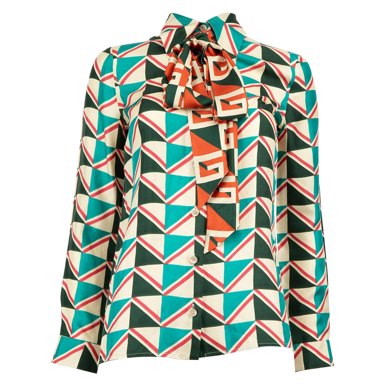 Gucci Abstract Print Silk Blouse with Neck Tie Size XS For Sale