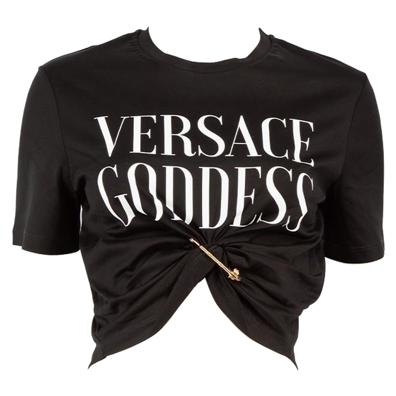 Versace Schwarzes T-Shirt Goddess mit Sicherheitsnadel Versace Goddess Größe XXS im Angebot