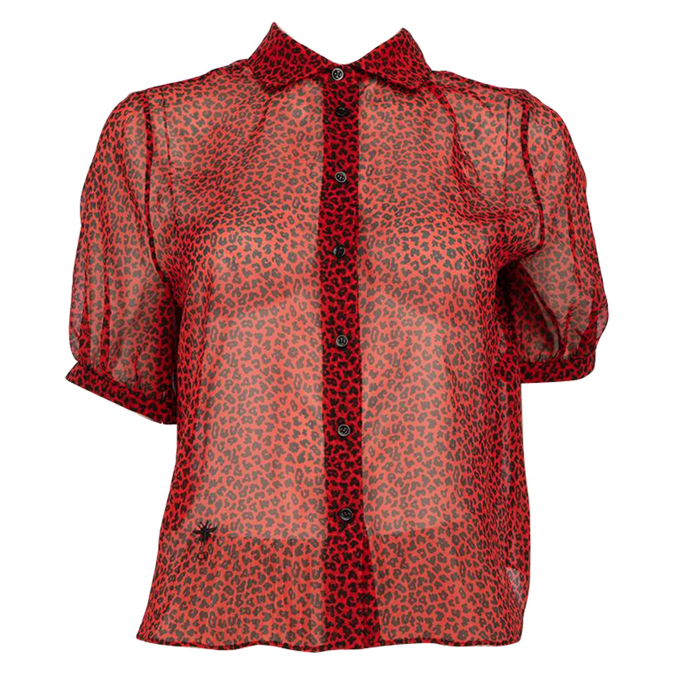Dior Rote durchsichtige Bluse aus Seide mit Leopardenmuster Größe XS im Angebot