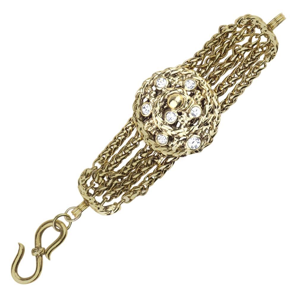 Yves Saint Laurent Rive Gauche Rhinestone Studded Chain Bracelet For Sale