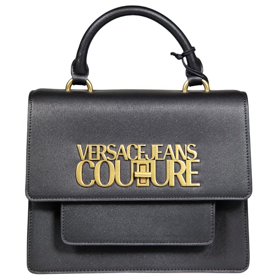 Versace Black Faux Leather Saffiano PU Lock Top Handle Bag For Sale