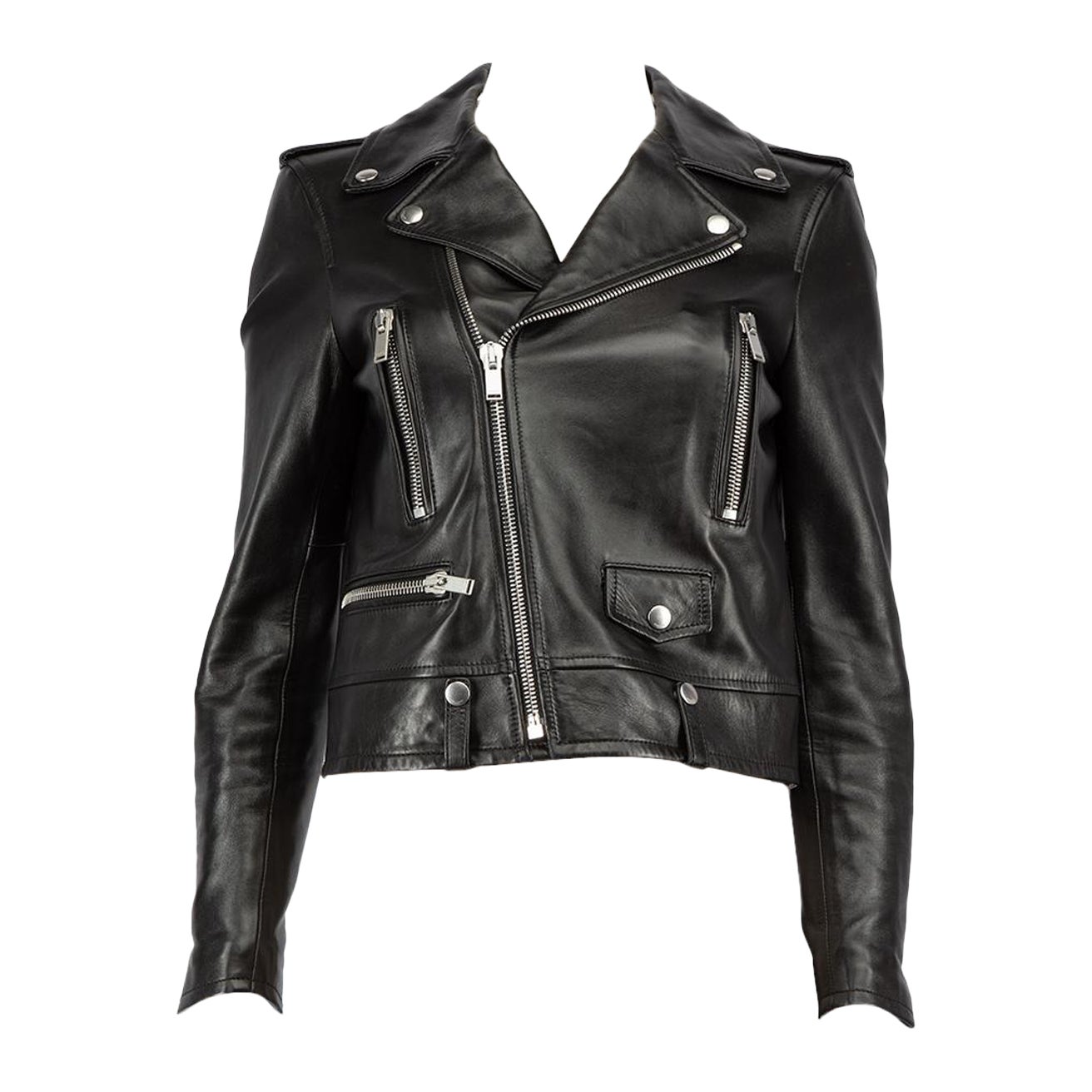 Saint Laurent Black Leather Zip Detail Biker Jacket Size M For Sale