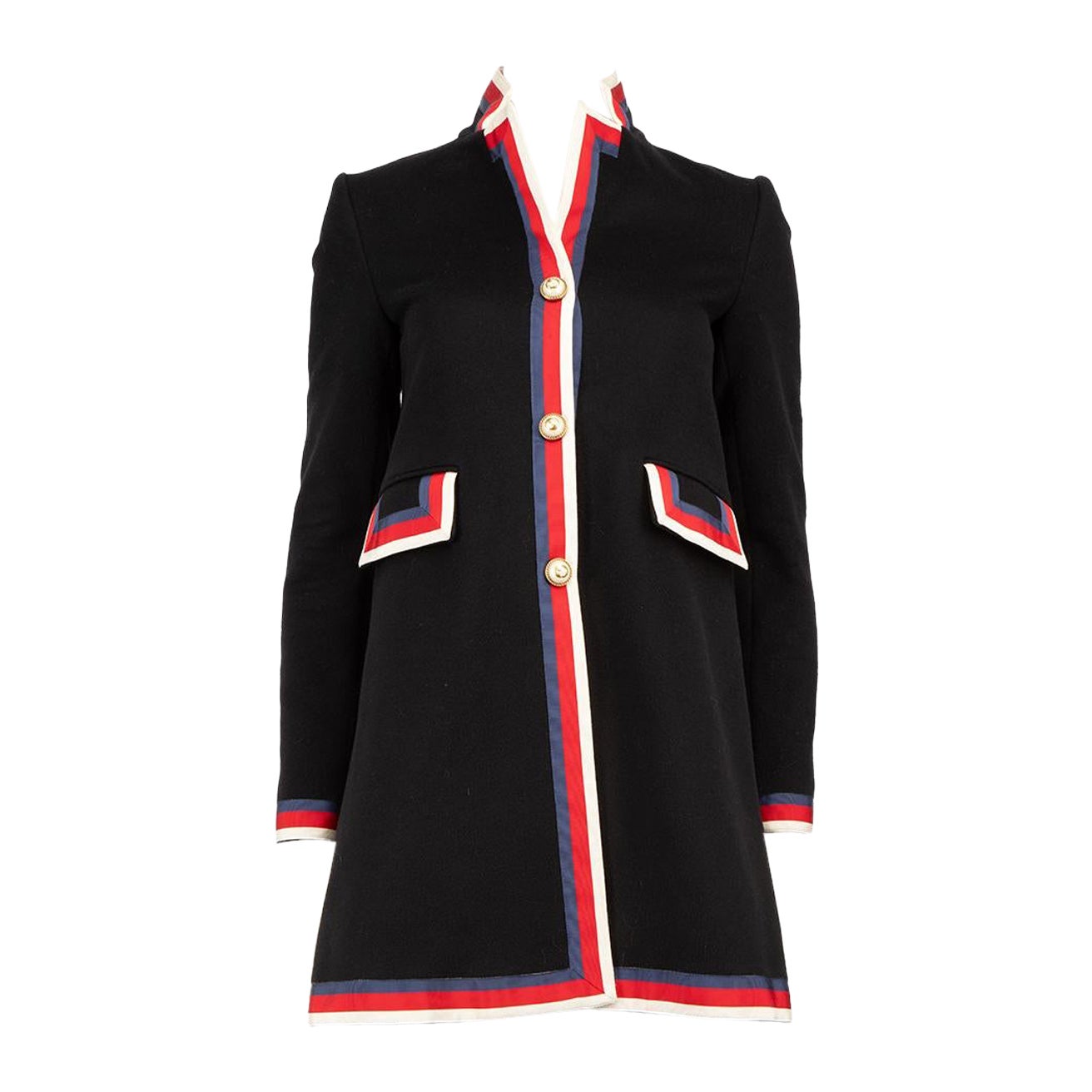 Gucci Black Wool Sylvie Web Coat Size XXS For Sale