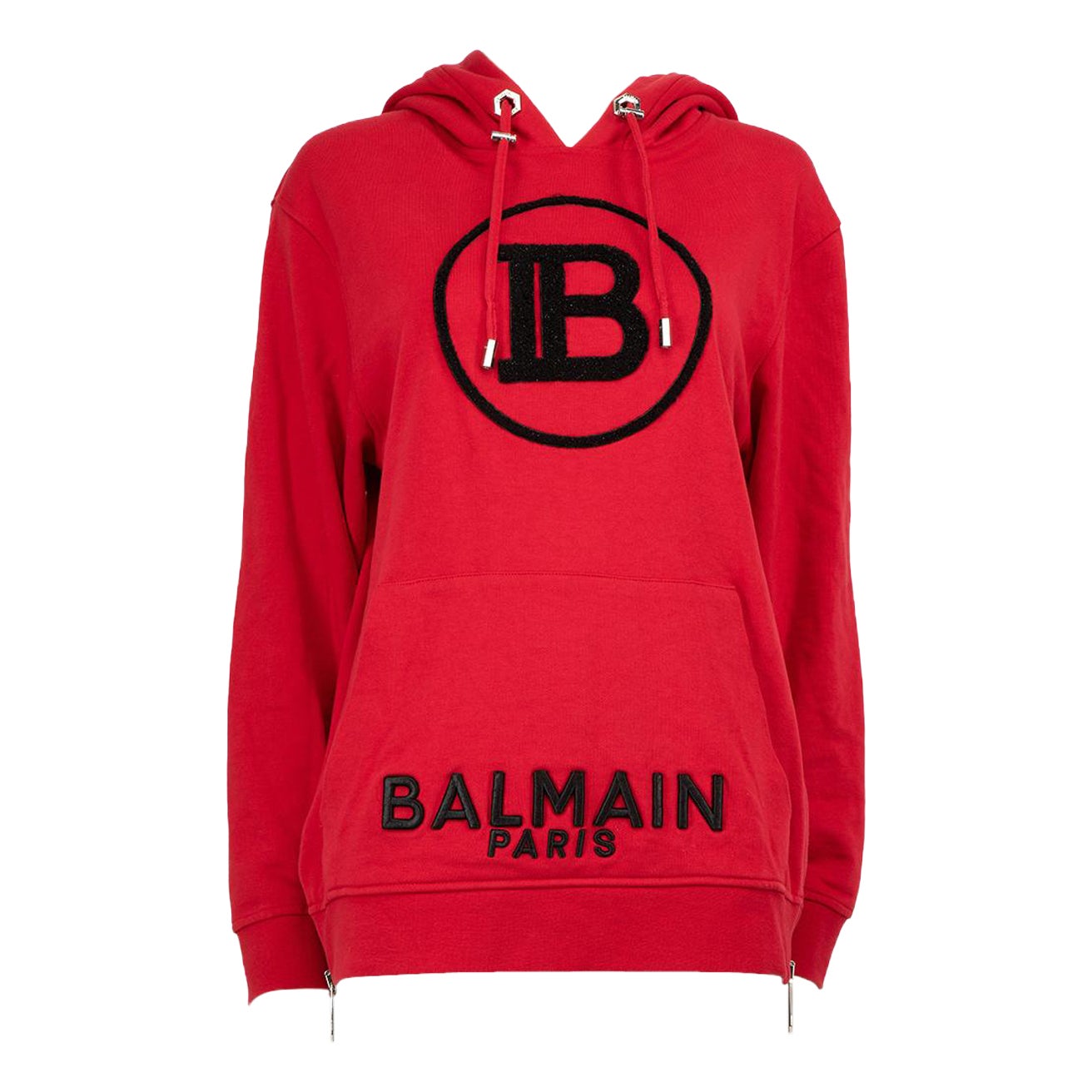 Balmain Red Logo Embroidered Zip Detail Hoodie Size L For Sale