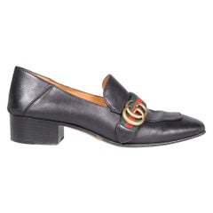 Used Gucci Black Leather Peyton GG Web Loafers Size IT 39.5