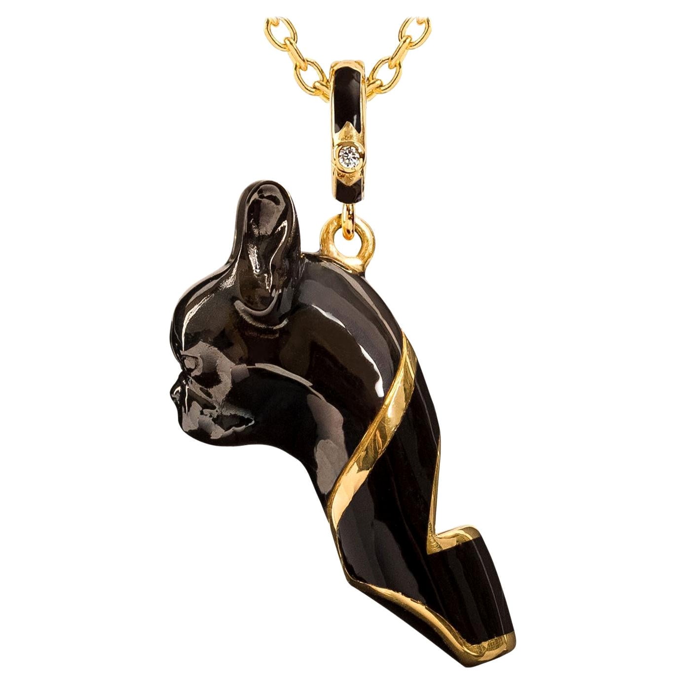 Naimah, French Bulldog Whistle Pendant Necklace, Black Enamel For Sale