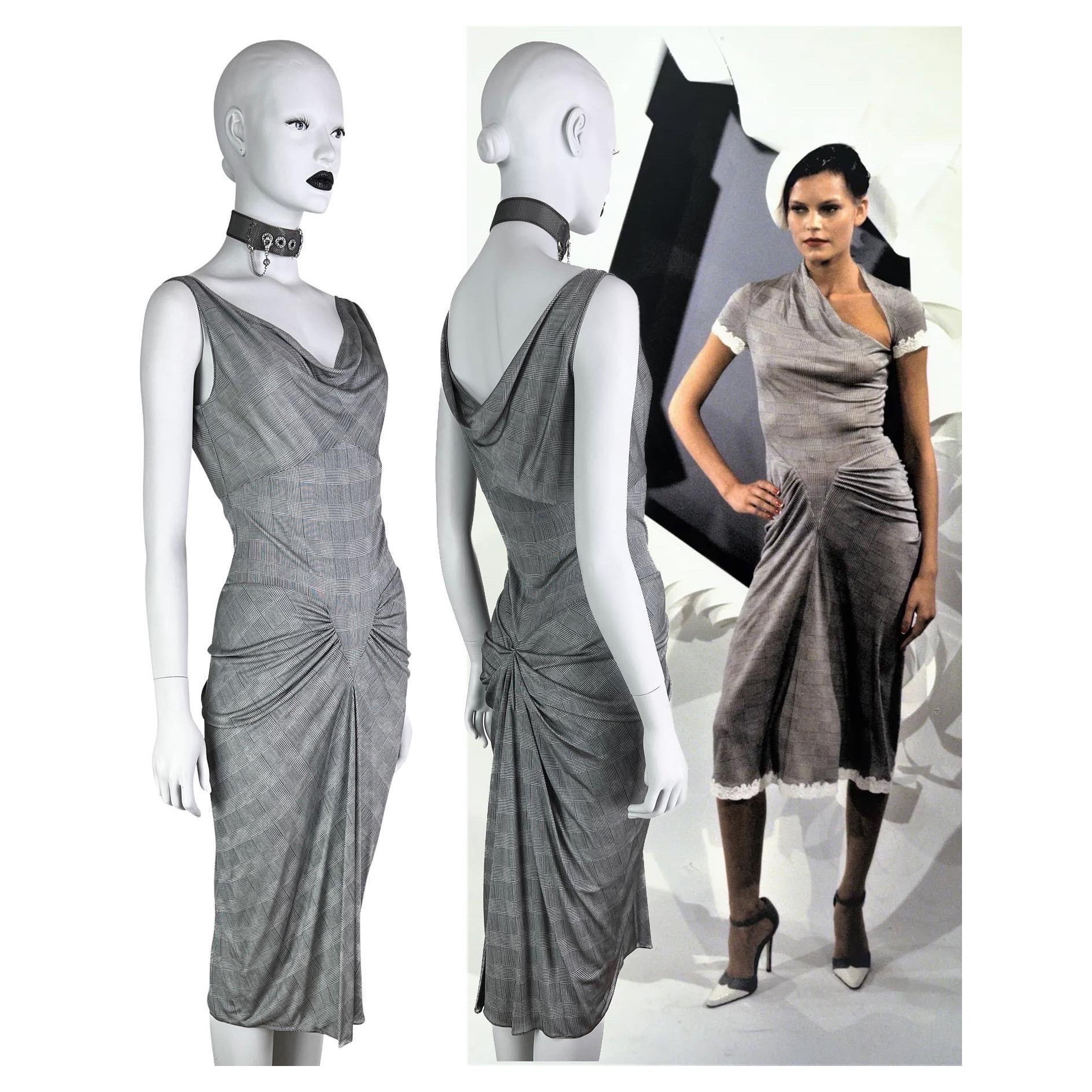 Dior by John Galliano Spring 2000 Plaid Print Silk Draped Grey Jersey Dress For Sale