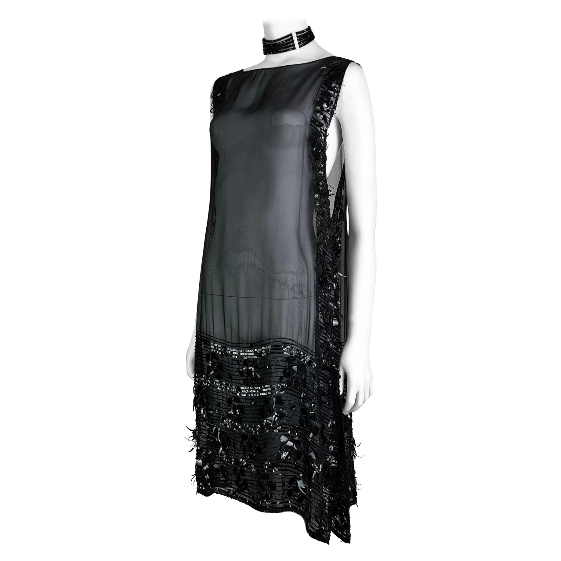 Jean-Paul Gaultier Fall 2004 Embellished Black Silk Chiffon Tunic Dress For Sale