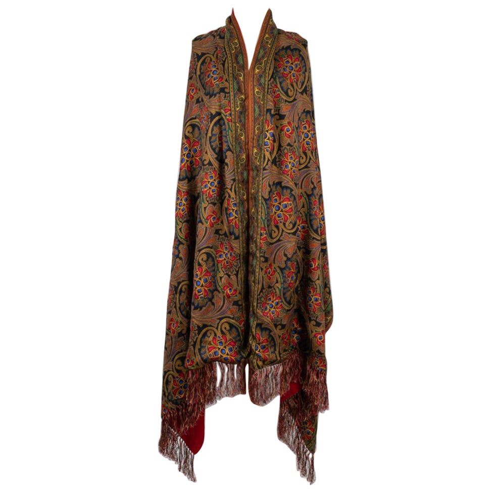 Chanel Large Printed Fringed Silk Stole with Red Wool Lining  For Sale