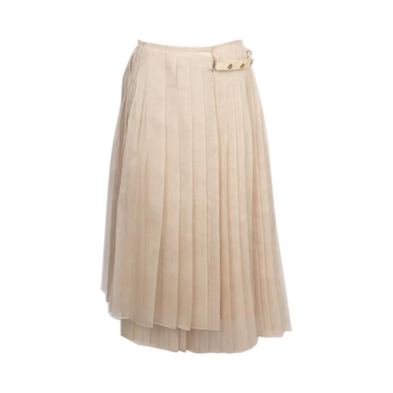 Fendi Silk Pleated Skirt with Beige Leather Strips For Sale