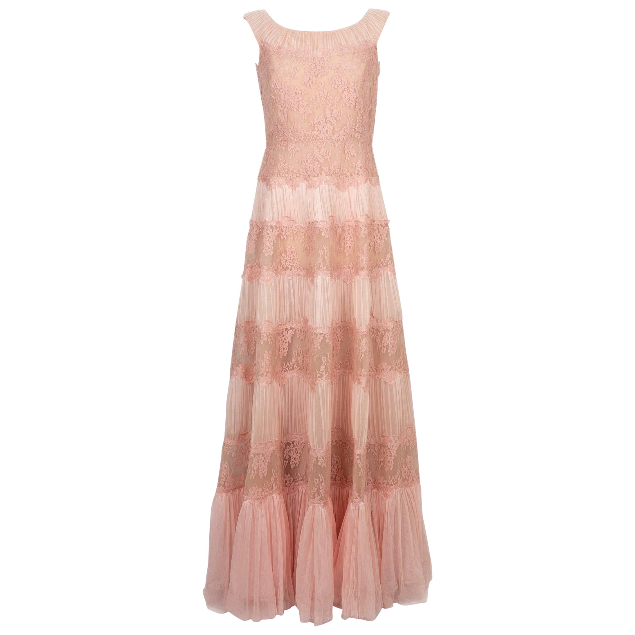 Valentino Long Pink Lace and Silk Dress For Sale