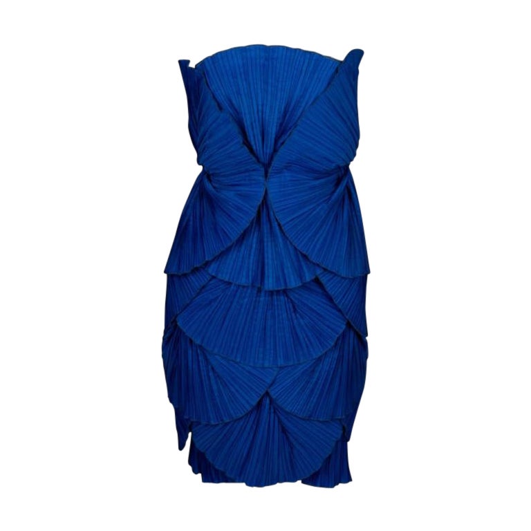 Louis Feraud Blue Pleated Bustier Dress For Sale
