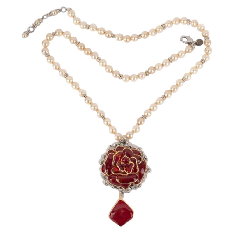 Woloch "Rose" Necklace with Pearls and Swarovski Rhinestones For Sale