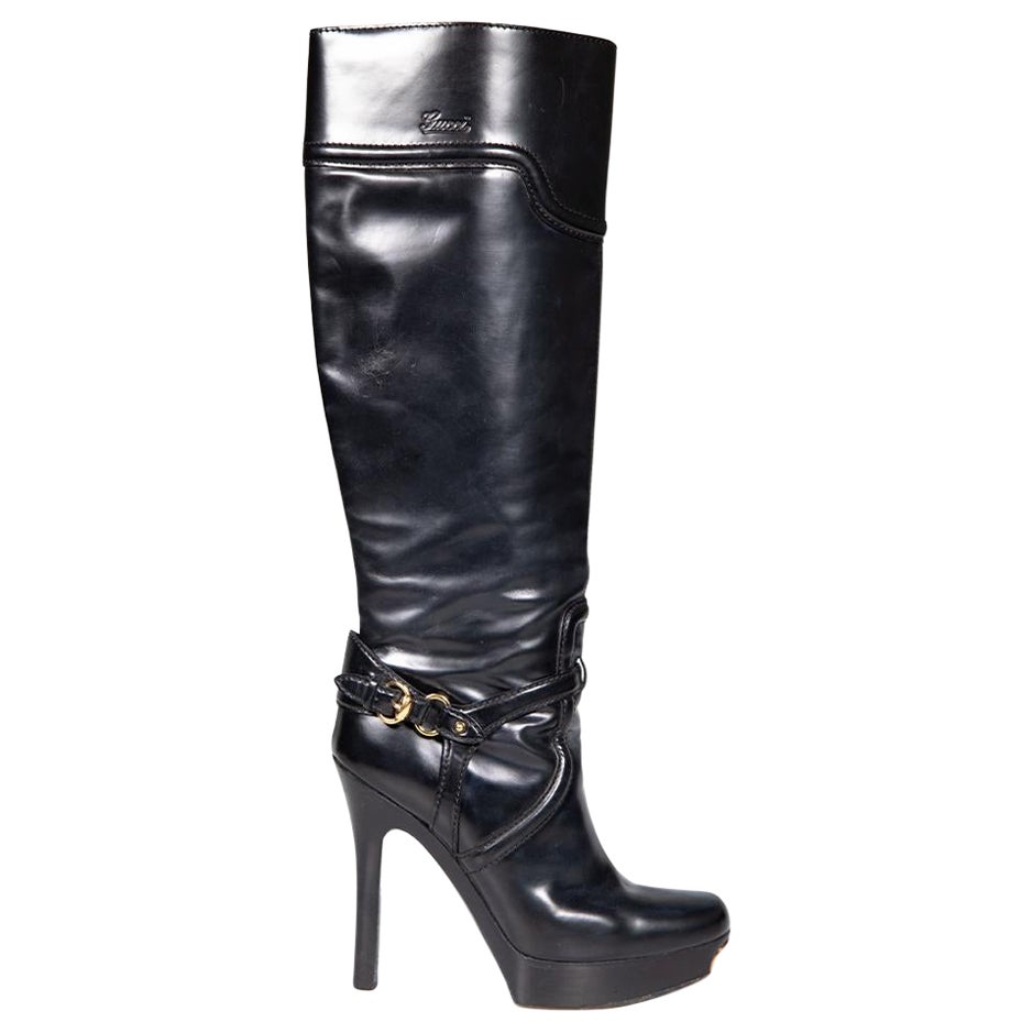 Gucci Black Leather Buckle Detail Platform Boots Size US 7.5 For Sale