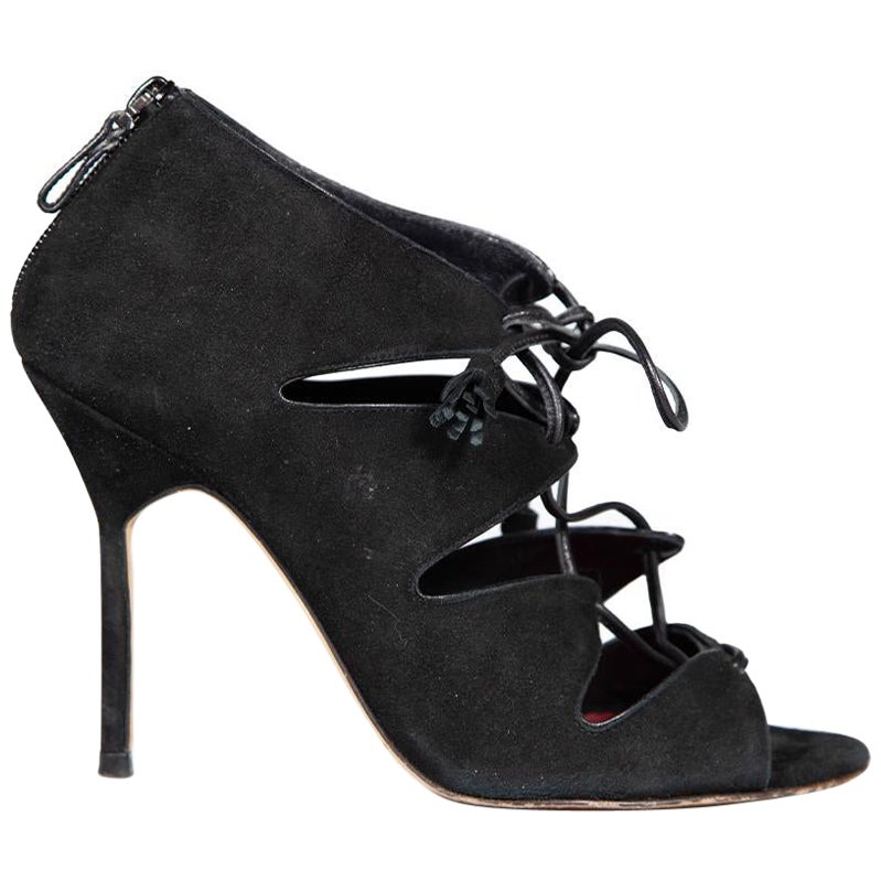 Carolina Herrera Black Suede Lace Up Ankle Heels Size IT 37 For Sale