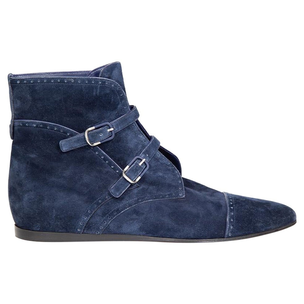 Giorgio Armani Navy Suede Buckled Ankle Boots Size IT 40 For Sale