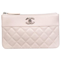 Used Chanel 2020 Pink Caviar Leather Interlocking CC Quilted Zip Clutch