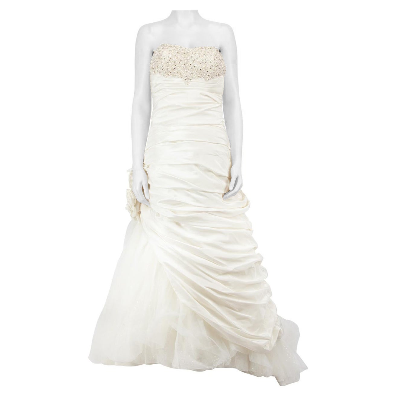 Ronald Joyce Cremefarbenes kristallverziertes Hochzeitskleid Größe XL im Angebot