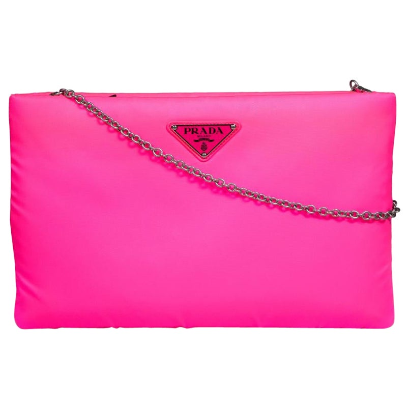 Prada Neon Pink Padded Clutch with Chain For Sale