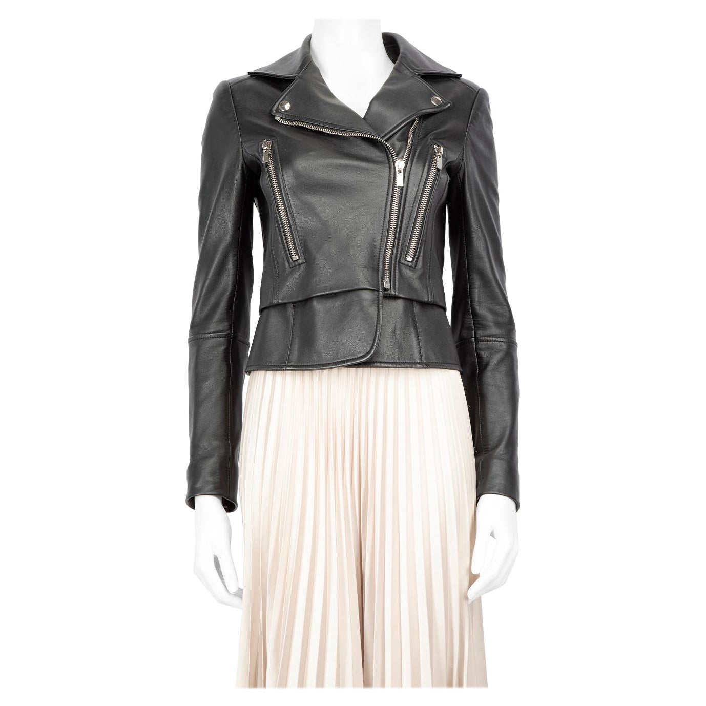 Balenciaga Veste de motard zippée en cuir noir Taille S en vente