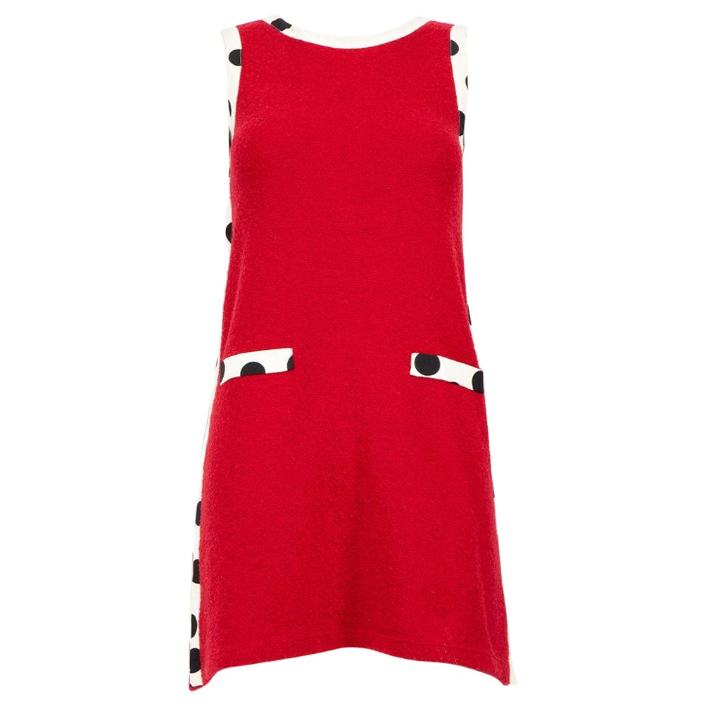 Moschino Rotes ärmelloses Kleid aus Wolle mit Polkadotbesatz Größe XS im Angebot