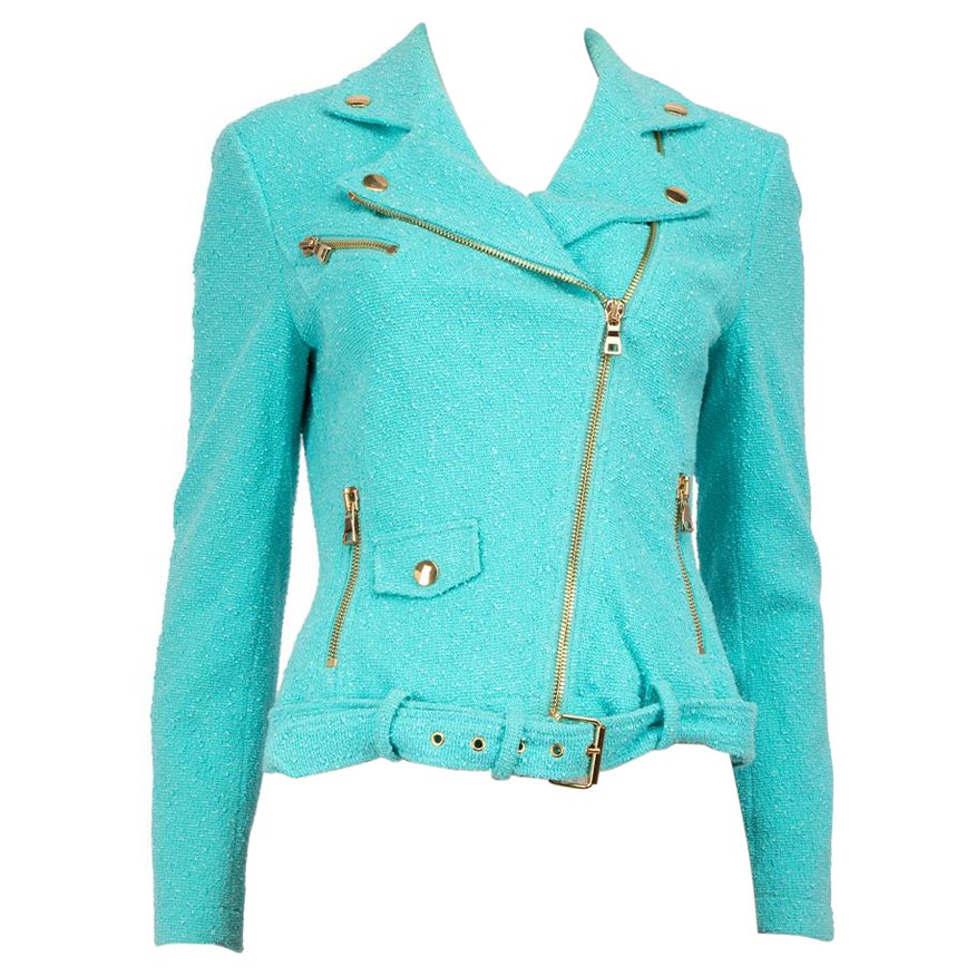 Moschino Blue Tweed Biker Jacket Size M For Sale