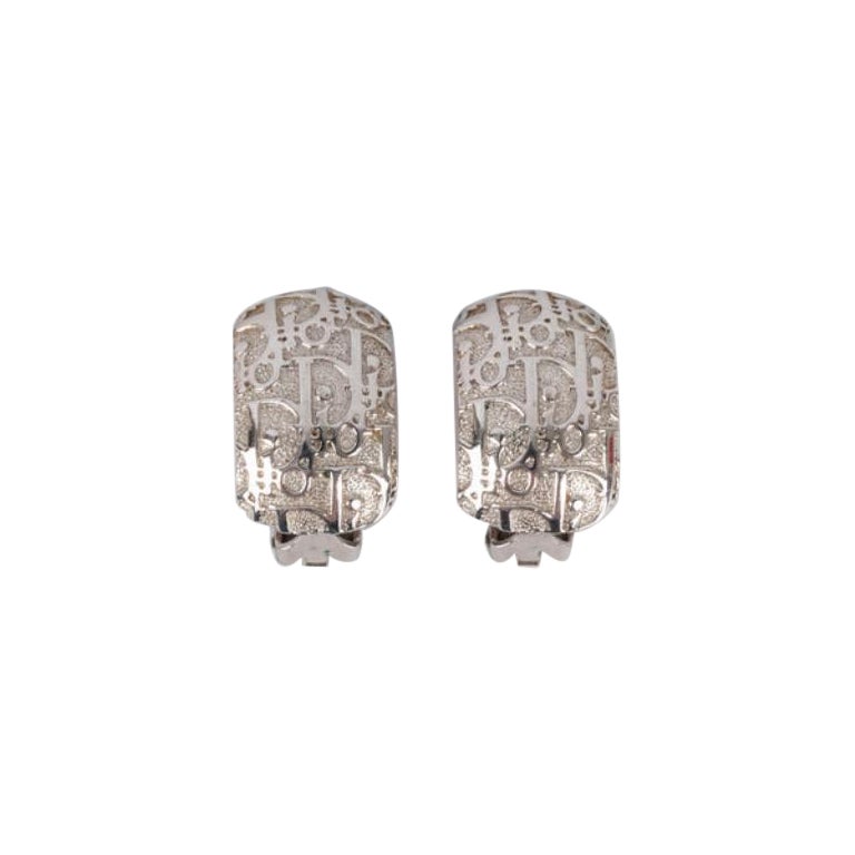 Dior Monogrammed Silvery Metal Clip-on Earrings For Sale