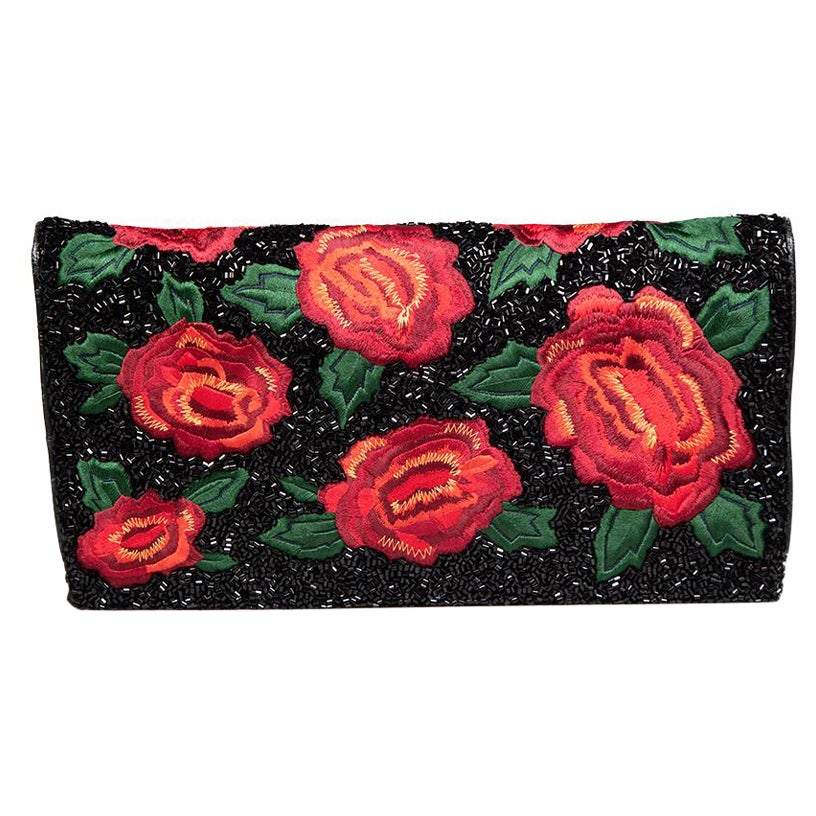 Alice + Olivia Floral Embroidered Beaded Clutch For Sale