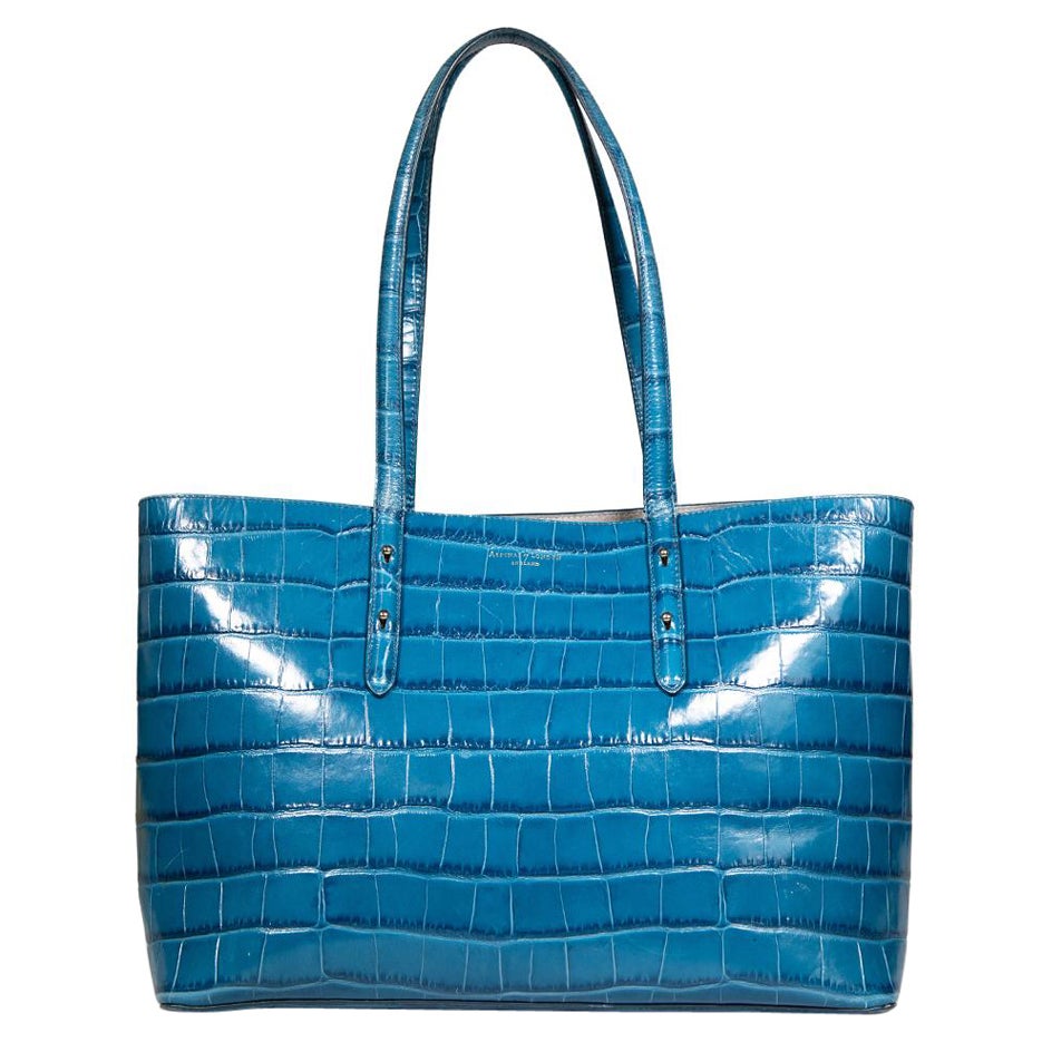 Aspinal of London Teal Leather Croc Embossed Regent Tote For Sale
