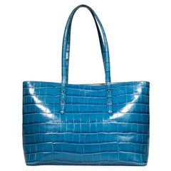 Used Aspinal of London Teal Leather Croc Embossed Regent Tote