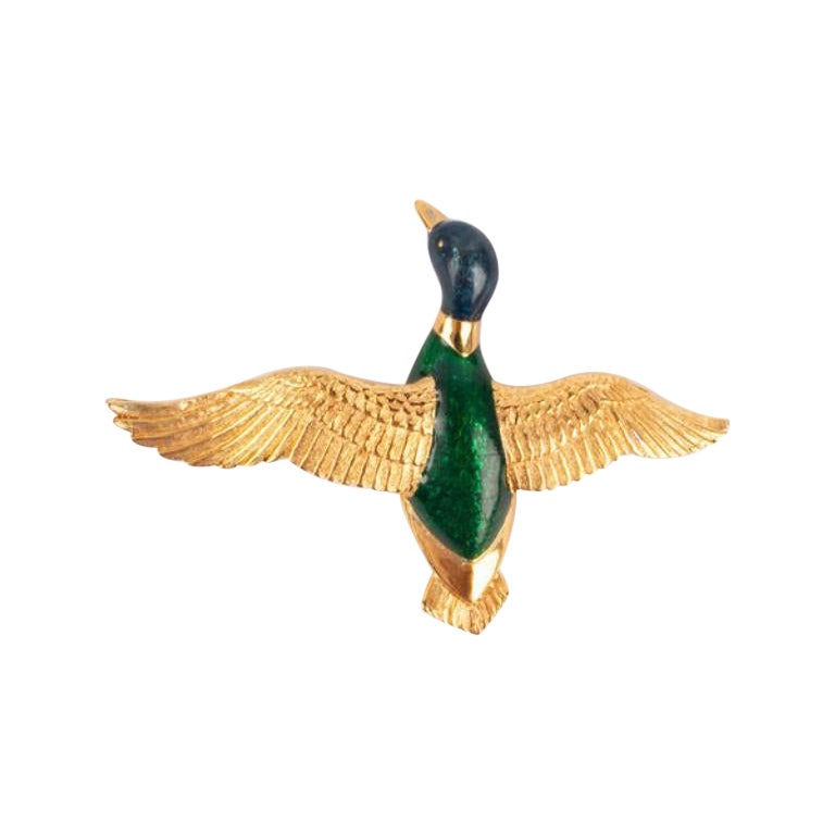 Carven Enameled Golden Metal Duck Brooch