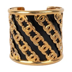 Vintage Chanel Golden Metal Cuff Bracelet Enameled with Black