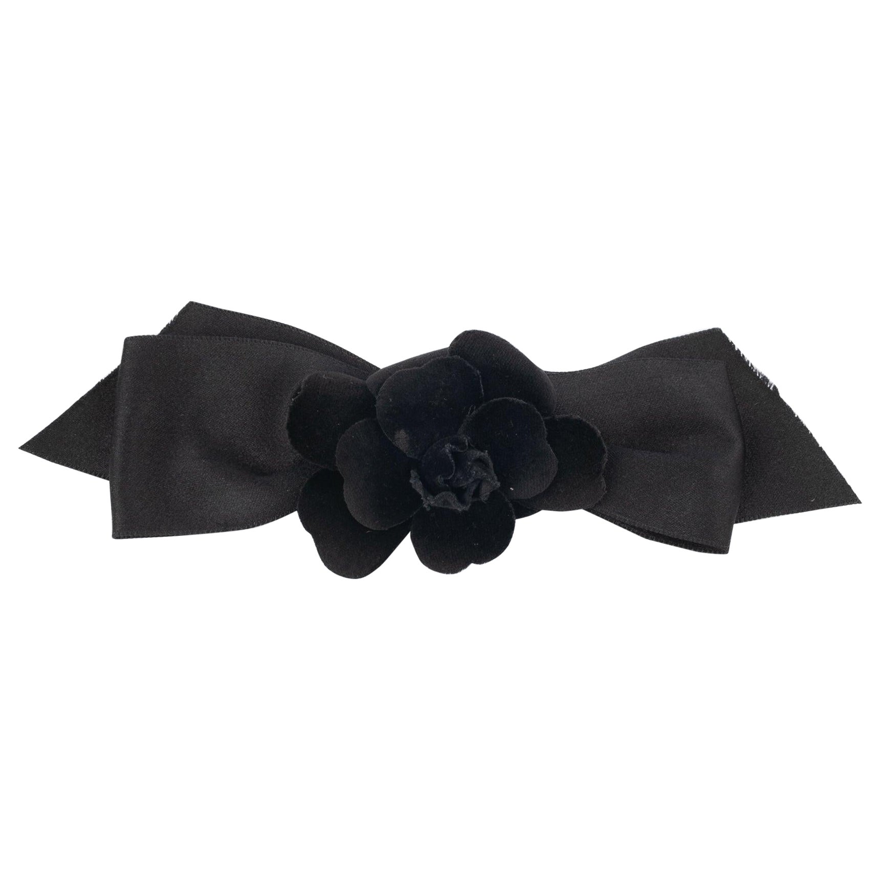 Chanel Head Accessory Black Bow with Velvet Camellia For Sale