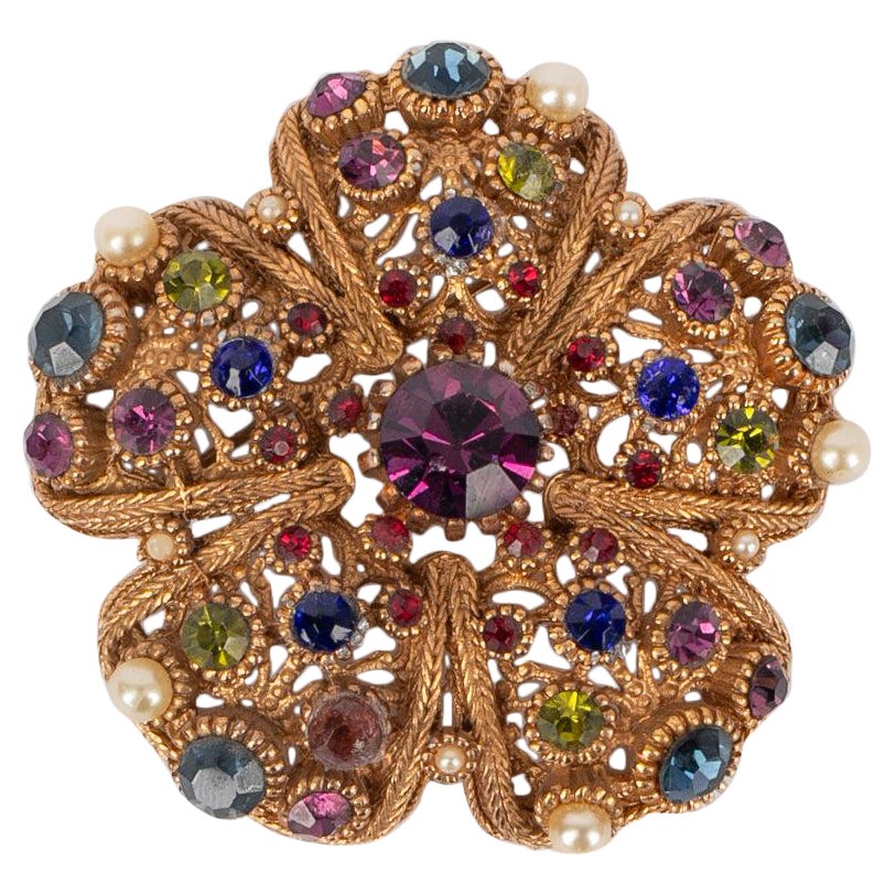 Nina Ricci Flower Brooch with Colored Rhinestones and Pearls For Sale