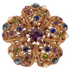 Antique Nina Ricci Flower Brooch with Colored Rhinestones and Pearls