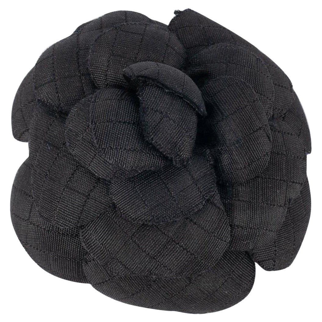 Chanel Black Woven Fabric Camellia Brooch For Sale