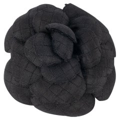 Vintage Chanel Black Woven Fabric Camellia Brooch