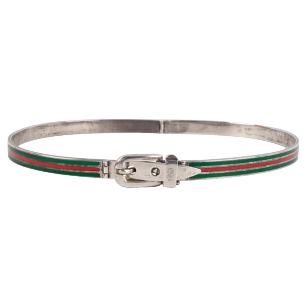 Gucci Silver Necklace with Green and Red Enamel For Sale