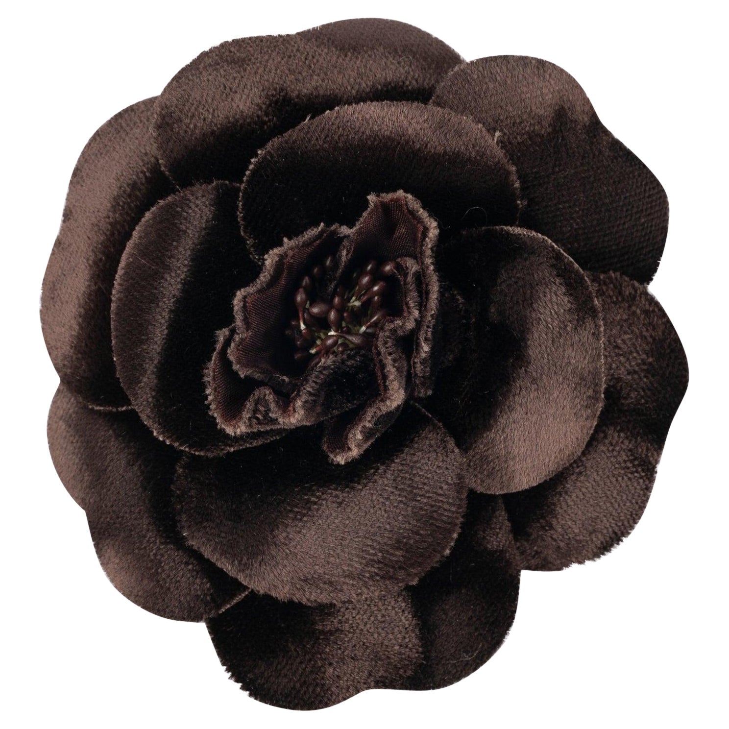 Chanel Brown Velvet Camellia Brooch For Sale