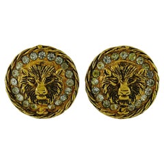Chanel Vintage Gold Tone Crystal Lion Head Clip-On Earrings