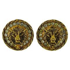 Chanel Vintage Gold Tone Crystal Lion Head Clip-On Earrings 2