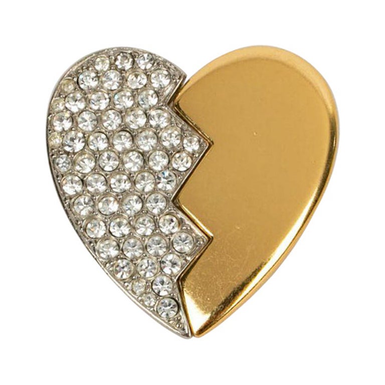 Yves Saint Laurent Brooch in Gold and Silver Plated Heart with Rhinestones For Sale