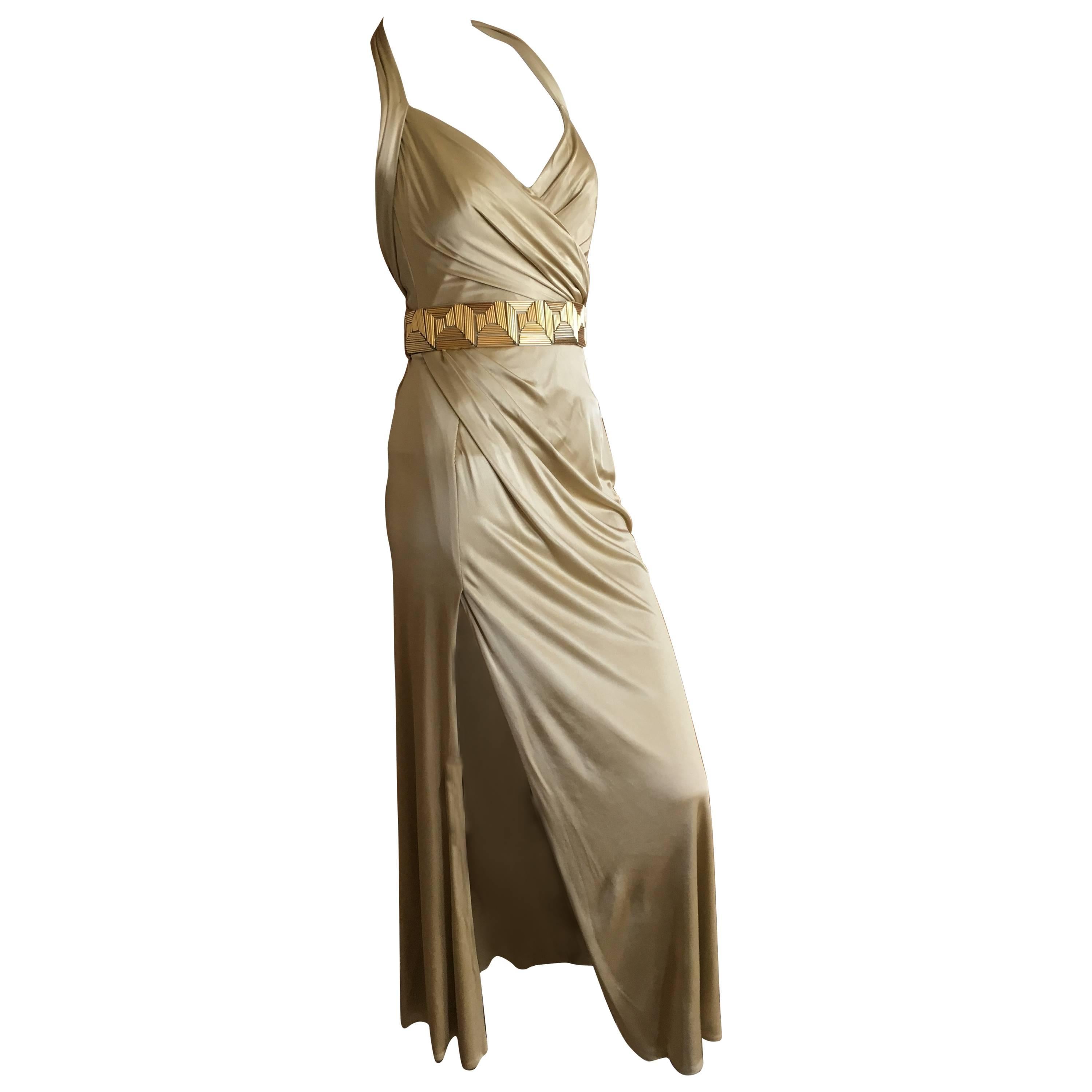 Versace Golden Jersey Gown with Detachable Beaded Greek Key Belt For Sale