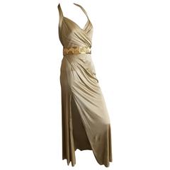 Versace Golden Jersey Gown with Detachable Beaded Greek Key Belt