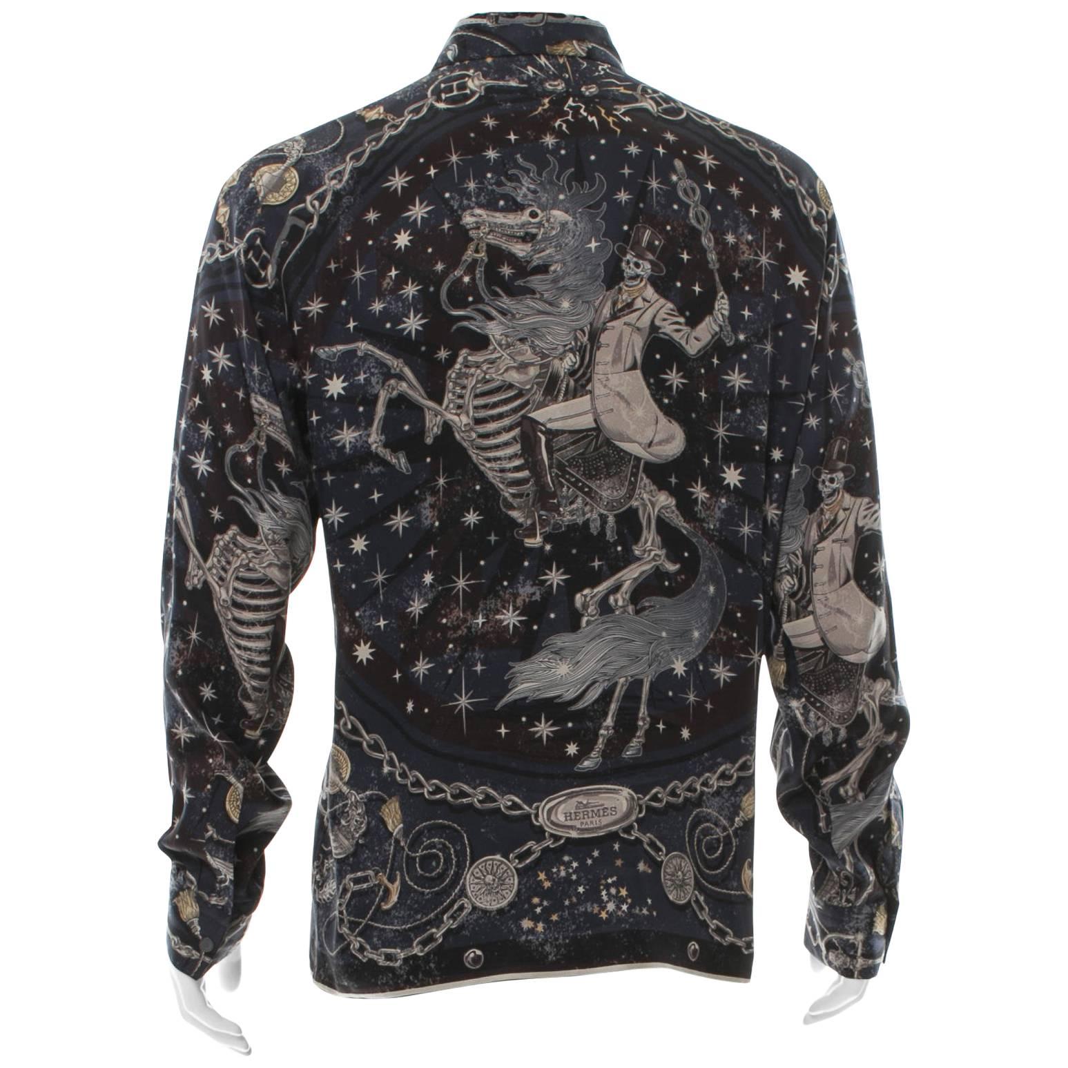Hermes Paris Silk "C'est la Fete " Scarf Print Men's Shirt Equestrian Skeleton For Sale