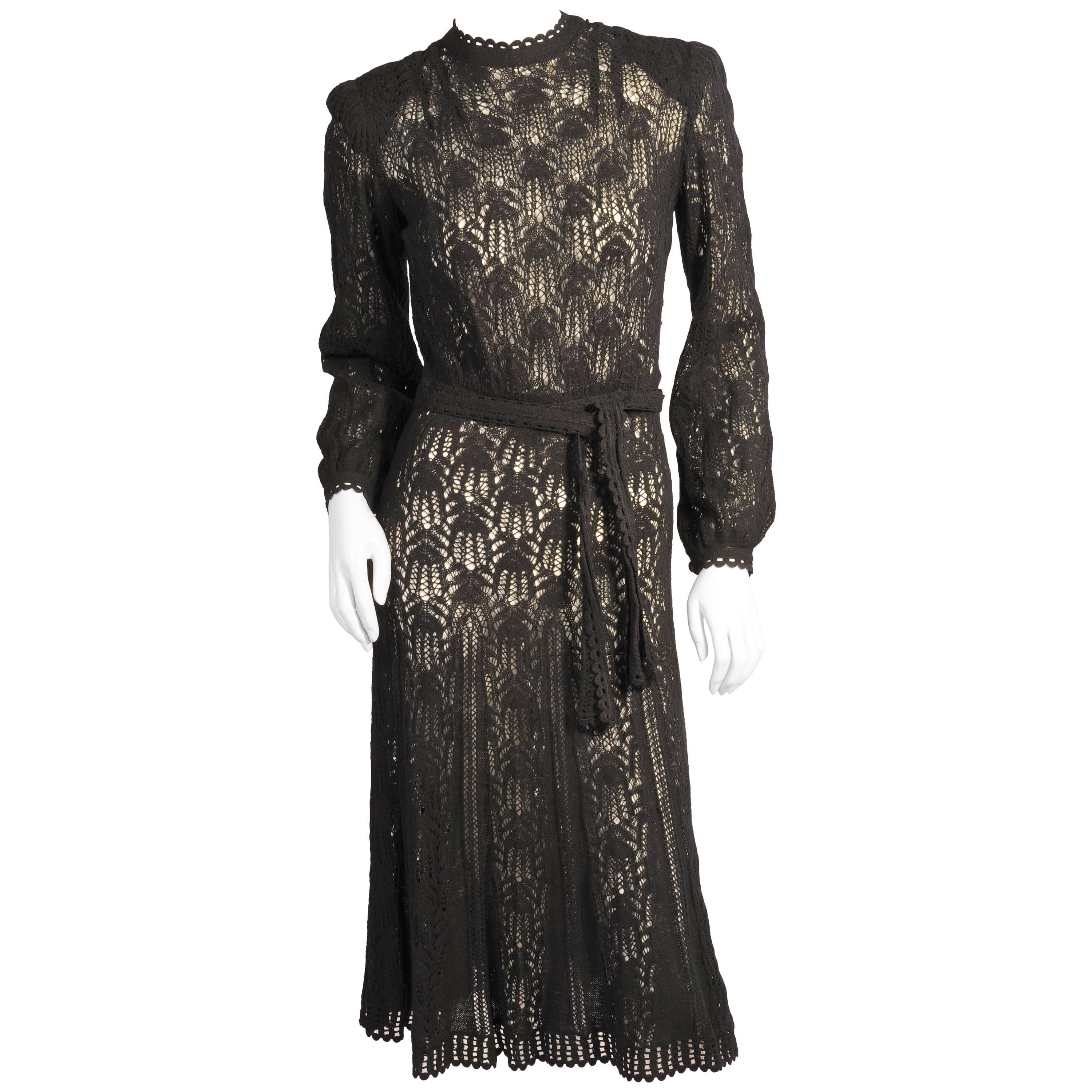 Late 1930's Austrian Lacey Hand Knit Black Dress