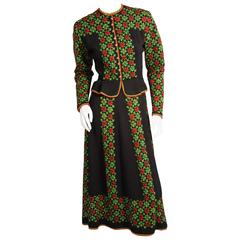 Charming Austrian Hand Knit Red Green and Black Sweater and Skirt Set