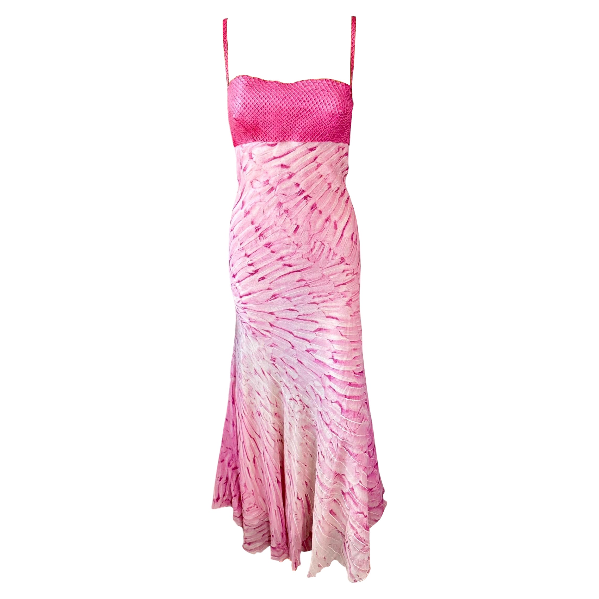 Roberto Cavalli S/S 1999 Runway Snakeskin Feather Print Silk Maxi Evening Dress For Sale